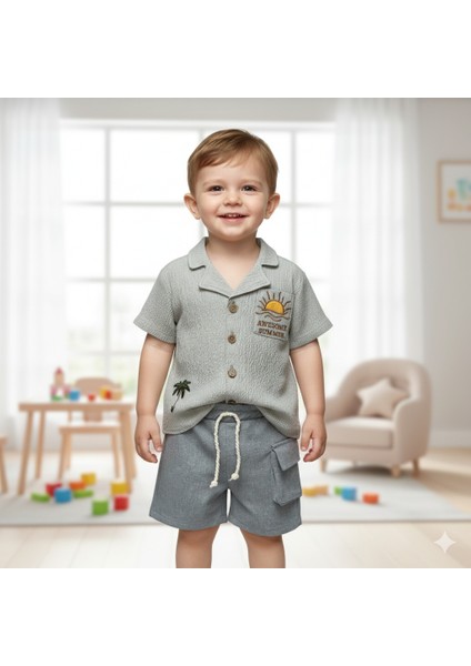 Erkek Bebek Yazlık Gömlekli "awesome Summer" Nakışlı Şort Takım