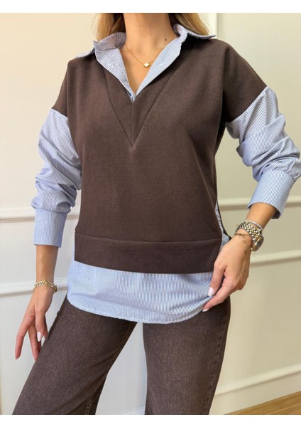 Kahve Selanik Yaka Süveter Detaylı Gömlek modelleri