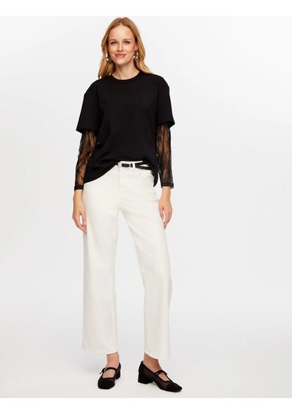 Kolları Dantel Garnili Yuvarlak Yaka Pamuklu Kadın T-Shirt W26TSH071 fiyatları