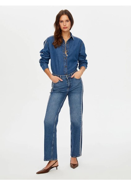 Kontrast Bant Detaylı Wide Leg Fıt Kadın Jean Pantolon W26JPN004