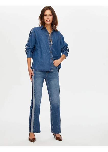 Kontrast Bant Detaylı Wide Leg Fıt Kadın Jean Pantolon W26JPN004 fiyatları