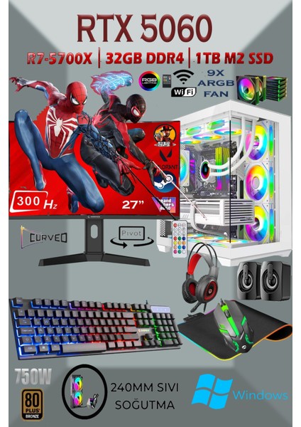 Tcw1 Ryzen 7 5700X 32GB 1tb M.2 SSD RTX5060 27'' 300HZ Sıvı Soğutmalı Beyaz Masaüstü Oyuncu Bilgisayarı