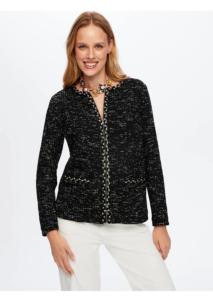 Saçaklı Şerit Detaylı Örme Melanjlı Kadın Ceket UW26CKT016