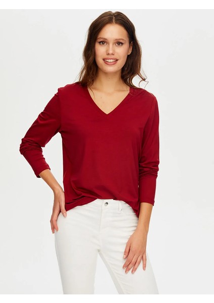 V Yaka Kadın Uzun Kol T-Shirt W26TSH003