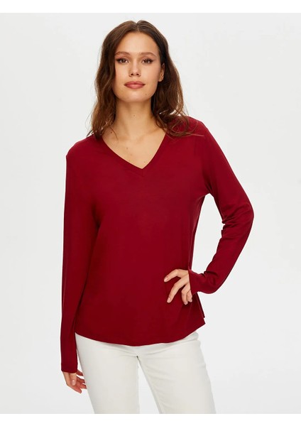 V Yaka Kadın Uzun Kol T-Shirt W26TSH003 modelleri