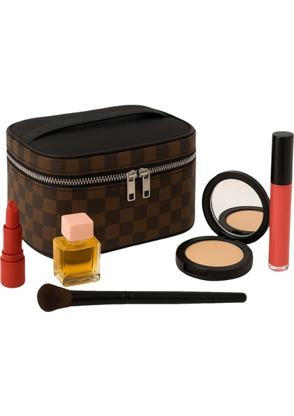 Captain Makyaj Çantası Suni Deri - 200 Kahverengi Damalı