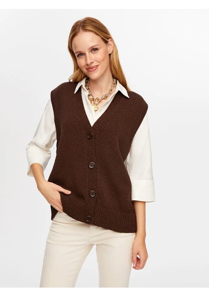 Yanları Kontrast Şerit Detaylı Pamuk Kadın Triko Yelek W26TRH012