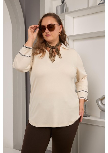 Kadın Zarif Nakış Detaylı Ekru Büyük Beden Örme Bluz