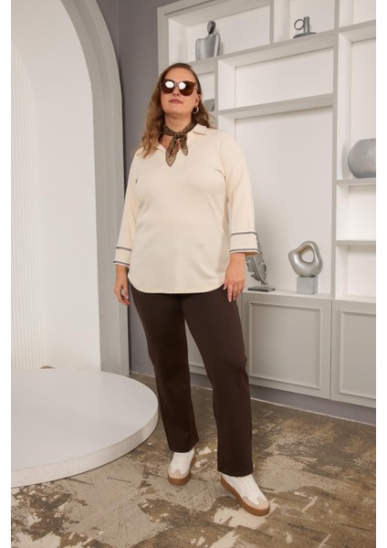 Kadın Zarif Nakış Detaylı Ekru Büyük Beden Örme Bluz fiyatları