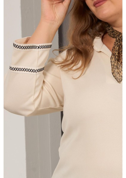 Kadın Zarif Nakış Detaylı Ekru Büyük Beden Örme Bluz modelleri