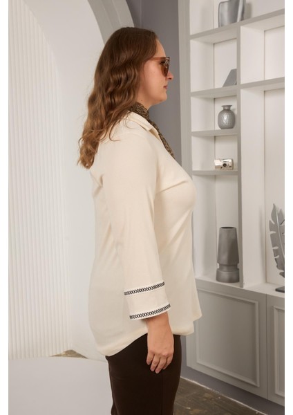 Kadın Zarif Nakış Detaylı Ekru Büyük Beden Örme Bluz indirimleri