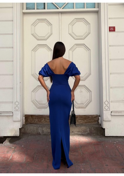 Esnek Scuba Kumaş Straplez Kol Pile Detaylı Abiye Elbise Saks 583323 modelleri