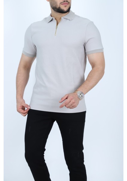 Polo Yakalı Fermuarlı Kısa Kollu Erkek Jakarlı Tişört