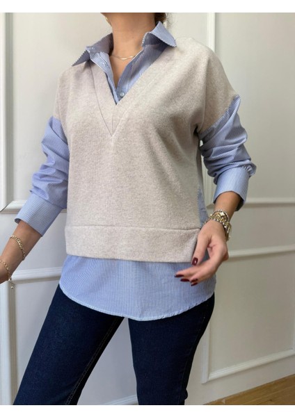 Taş Selanik Yaka Süveter Detaylı Gömlek