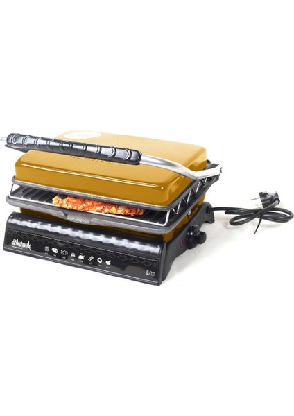 Altın Renkli Demir Döküm Izgara ve Tost Makinesi, Aparatlı ve Fırçalı