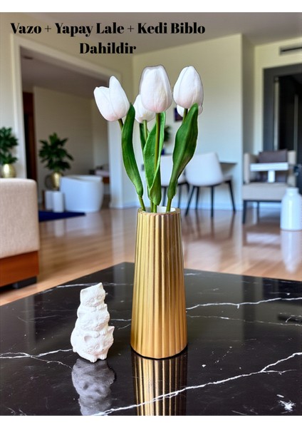 5 Adet Yapay Lale Çiçekleri +Kedi Biblo Dahil Dekoratif Modern Vazo Seti – Ev/ofis Için Şık Aksesuar