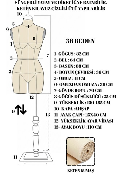 36 Beden Özel Üretim Kılavuz Çizgili Keten Kumaş Iğne Batabilen Terzi Mankeni Prova Mankeni fırsatları