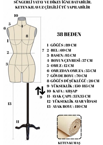 38 Beden Özel Üretim Kılavuz Çizgili Keten Kumaş Iğne Batabilen Terzi Mankeni Prova Mankeni modelleri