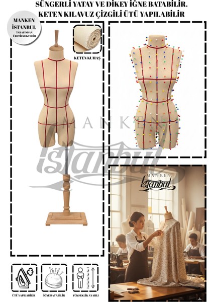 40 Beden Özel Üretim Kılavuz Çizgili Keten Kumaş Iğne Batabilen Terzi Mankeni Prova Mankeni