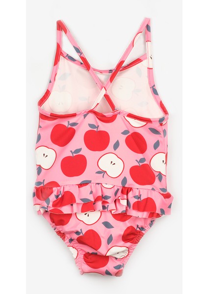 Kırmızı Elma Desenli Çapraz Askılı Kız Çocuk Mayo