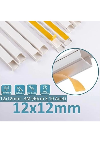 4 Metre (12X12MM) Kendinden Yapışkanlı Kablo Kanalı | 4m (10 Adet x 40CM) Kablo Gizleyici