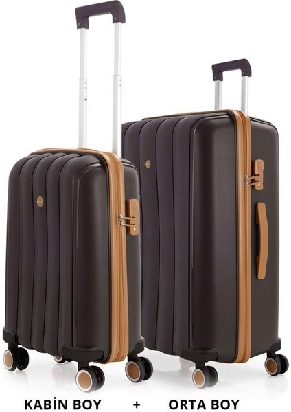 Bavul Orta ve Kabin 2li Set Silikon Valiz V305 Kahve/şamp