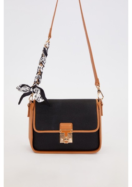 Siyah-Camel Fular Bağlama Detaylı Omuz Çantası