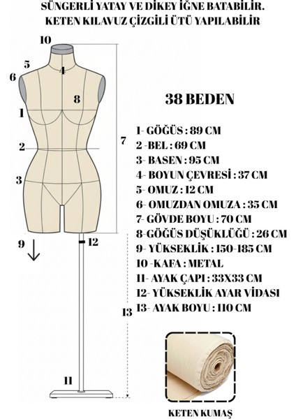 38 Beden Özel Üretim Kılavuz Çizgili Keten Kumaş Iğne Batabilen Terzi Mankeni Prova Mankeni fiyatları