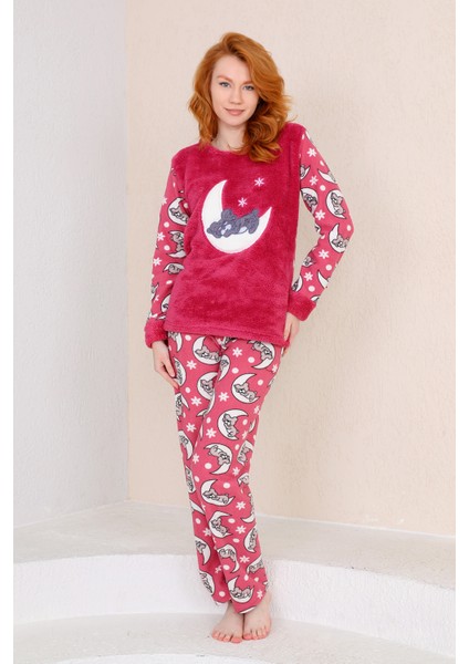 Kışlık Uzun Kollu Kadın Peluş Polar Pijama Takımı Ipeksi Doku