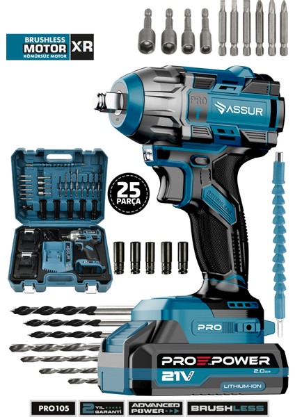 Pro 21V Çift Akülü Vidalama Çelik Mandren Kömürsüz Motor Darbeli Şarjlı Matkap