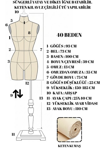 40 Beden Özel Üretim Kılavuz Çizgili Keten Kumaş Iğne Batabilen Terzi Mankeni Prova Mankeni fırsatları