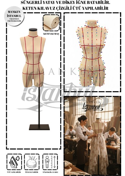 40 Beden Özel Üretim Kılavuz Çizgili Keten Kumaş Iğne Batabilen Terzi Mankeni Prova Mankeni