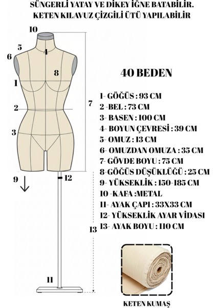 40 Beden Özel Üretim Kılavuz Çizgili Keten Kumaş Iğne Batabilen Terzi Mankeni Prova Mankeni modelleri