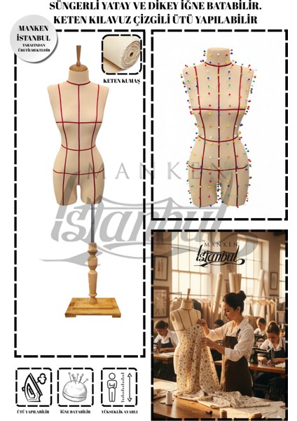 40 Beden Özel Üretim Kılavuz Çizgili Keten Kumaş Iğne Batabilen Terzi Mankeni Prova Mankeni