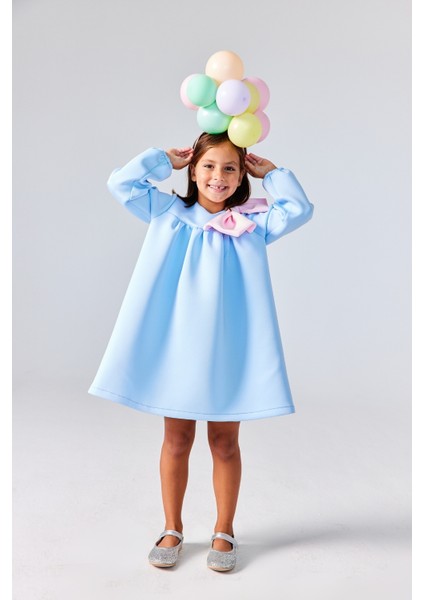 Mavi Omzu Fiyonk Detaylı Kız Çocuk Elbise - Leah