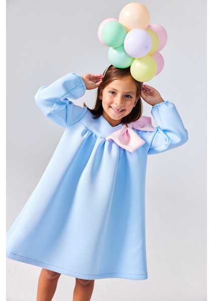 Mavi Omzu Fiyonk Detaylı Kız Çocuk Elbise - Leah