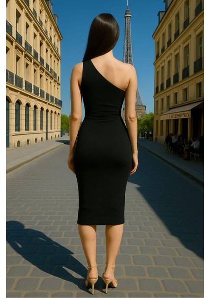 Tek Omuz Tasarım Sandy Kumaş Elbise Siyah 583260 fiyatları