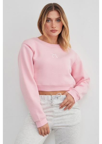 3 Iplik Fiyonk Nakışlı Crop Sweatshirt
