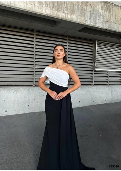 Esnek Krep Kumaş Tek Omuz Aller Detay Garnili Abiye Elbise 583320 Siyah fiyatları