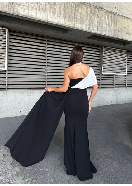 Esnek Krep Kumaş Tek Omuz Aller Detay Garnili Abiye Elbise 583320 Siyah modelleri