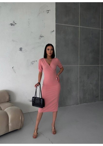 Kruvaze Yaka Kısa Kol Kalem Elbise Pudra 582868