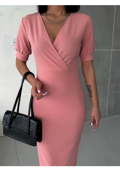 Kruvaze Yaka Kısa Kol Kalem Elbise Pudra 582868 fiyatları