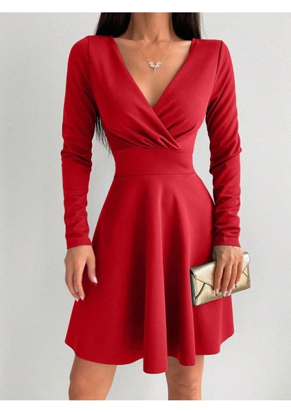 Kruvaze Yaka Krep Kumaş Uzun Kol Kloş Elbise 582255 Kirmizi