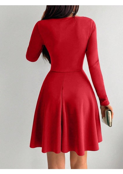 Kruvaze Yaka Krep Kumaş Uzun Kol Kloş Elbise 582255 Kirmizi modelleri