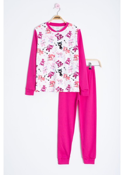 Fuşya Kedi Desenli Kız Çocuk Pijama Takımı 22767