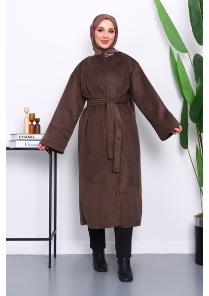 Kahverengi Kuşaklı Kaşe Kaban