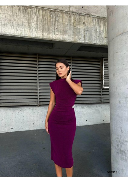 Flowers Yarım Balıkçı Yaka Broş Detaylı Midi Abiye Elbise 583310 Mürdüm fiyatları