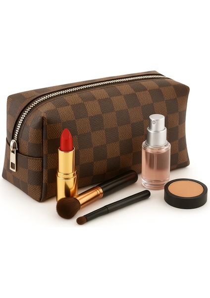 Voice Clutch Seyahat Makyaj Organizeri Kozmetik Çantası Suni Deri - 250 Kahverengi Damalı
