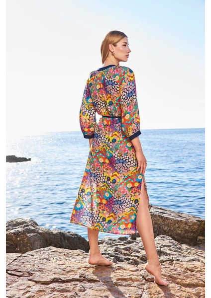 Monamise Çiçek Desenli Yırtmaçlı Truvakar Kollu V Yaka Elbise fırsatları