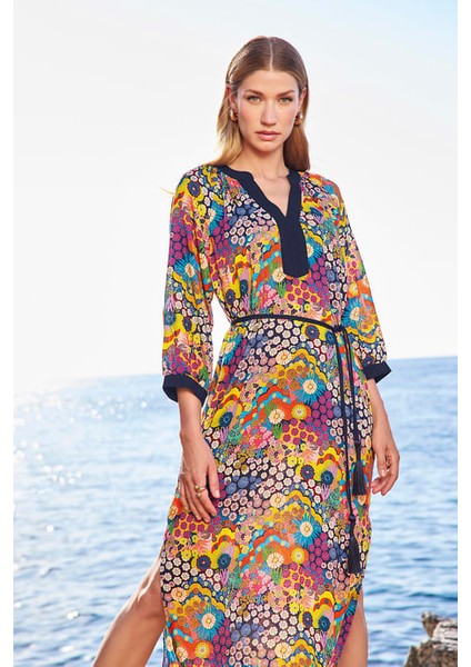 Monamise Çiçek Desenli Yırtmaçlı Truvakar Kollu V Yaka Elbise indirimleri